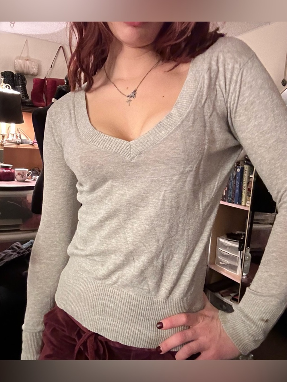 Express Light Gray V-Neck Sweater